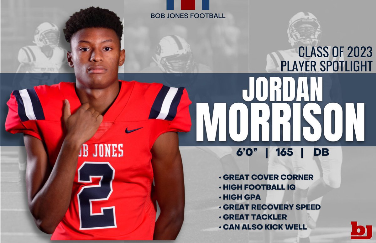 dcrrick's tweet photo. Jordan Morrison 2023
Bob Jones HS
6' 165 CB
@JordanM21
256-682-3848
Mid Year Highlights  
https://t.co/w0BN7MAwCZ https://t.co/bNeoIAlINW