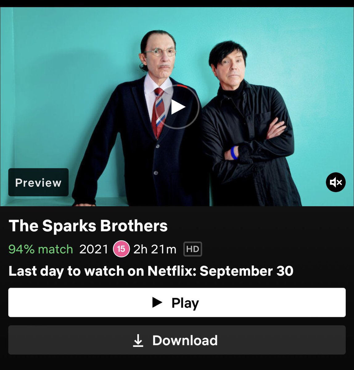 edgarwright (@edgarwright) on Twitter photo Hey UK. My documentary #TheSparksBrothers leaves <a href="/NetflixUK/">Netflix UK & Ireland</a> on September 30th, so I suggest you watch it on repeat until then. Once works too. Enjoy! Hey UK. My documentary #TheSparksBrothers leaves <a href="/NetflixUK/">Netflix UK & Ireland</a> on September 30th, so I suggest you watch it on repeat until then. Once works too. Enjoy!