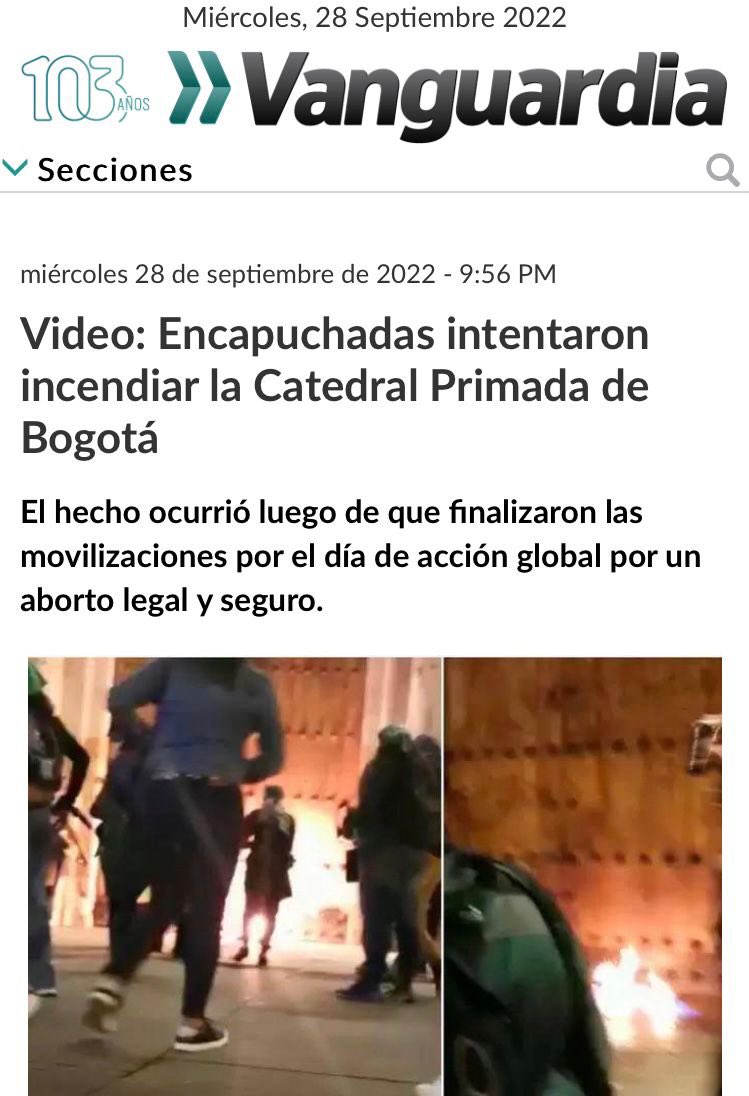 Rconstantino's tweet photo. Começa a perseguição religiosa na Colômbia, que votou em um comunista aliado de Lula. 
Grupo de mulheres que protestava a favor do aborto tentou incendiar a Catedral Primada em Bogotá nesta quarta-feira. Cristão não vota na esquerda!!! https://t.co/3YOlFtkZOV