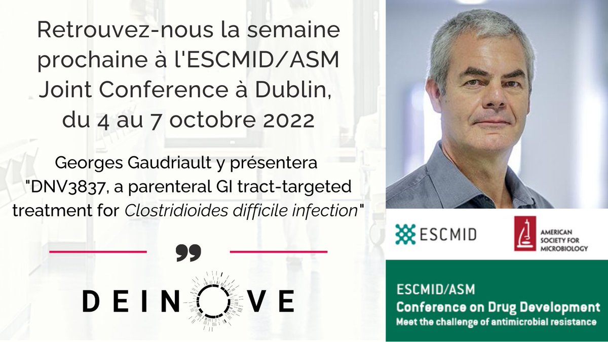 Deinove's tweet photo. Notre Directeur Scientifique participera à la conférence conjointe ESCMID/ASM sur le développement de médicaments pour relever le défi de la résistance aux antimicrobiens, du 4 au 7 octobre 2022.
Le poster sur #DNV3837 sera accessible sur notre site le 5 octobre à 17h45. #AMR https://t.co/jMYqSpfgjg