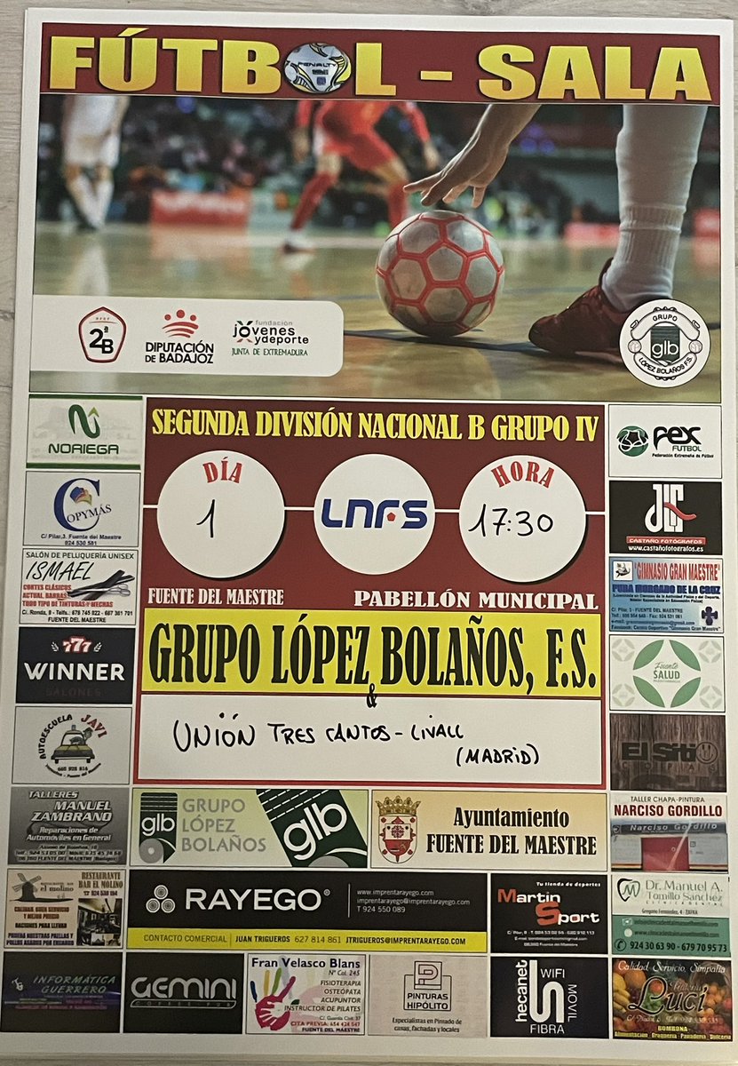 Temporada 22/23
2 División Nacional B 
Grupo IV 
Jornada 3

⚔️ <a href="/grupolopez14/">GrupoLopezBolañosFS</a> - <a href="/union3cantosfs/">Unión Tres Cantos F.S.</a> 

📅 Sábado día 1 de octubre 

🕠 17:30 horas

🏟 Pabellón Polideportivo “Francisco Javier López Sayago”

#10añoscontigo💛🖤
#123👼🏻2💫🤍🖤❤️