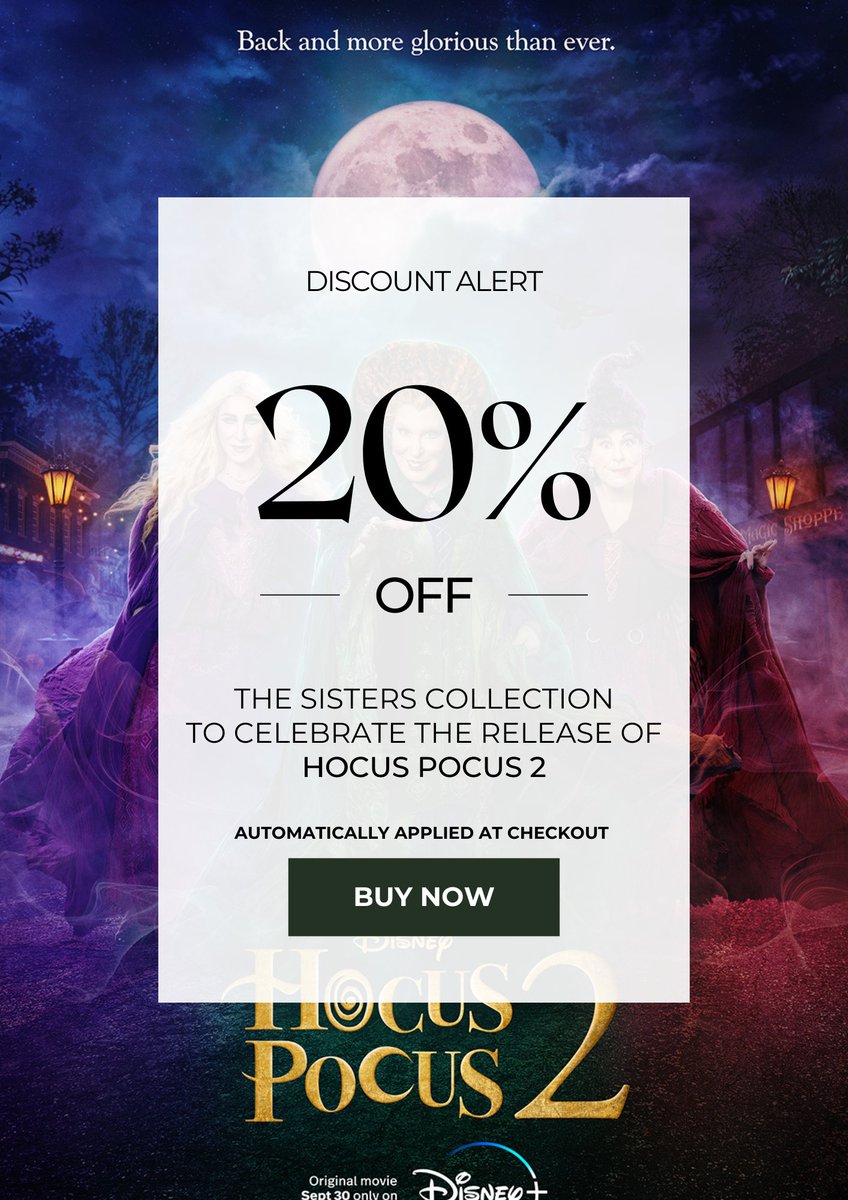 DISCOUNT ALERT

Get 20% off The Sisters Collection to celebrate the release of Hocus Pocus 2!! 

Offer available until Sunday night! 
Automatically applied at checkout

legrashop.com