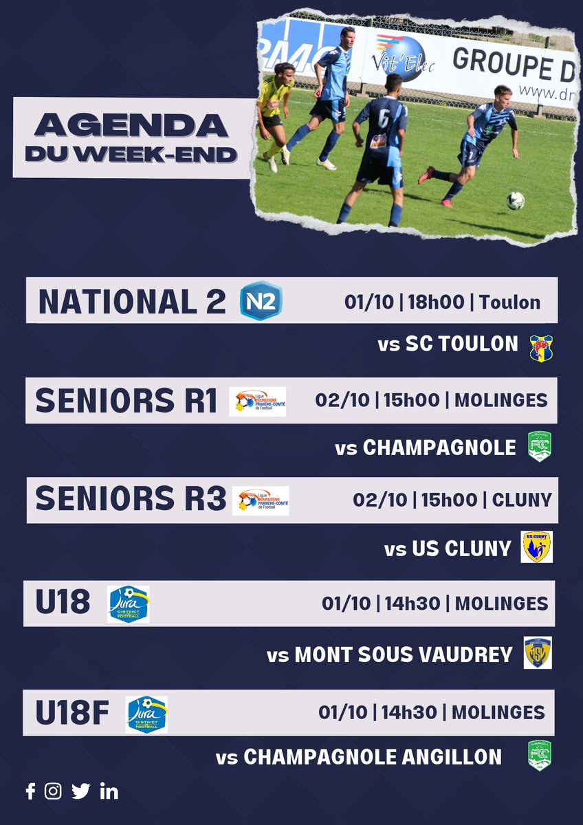 JuraSudFoot's tweet photo. [Agenda JSF] 🔵⚪️

Agenda du Week-end du 01 et 02 octobre de nos équipes jeunes et séniors.

#jsffamily https://t.co/uLsmZwuBxV