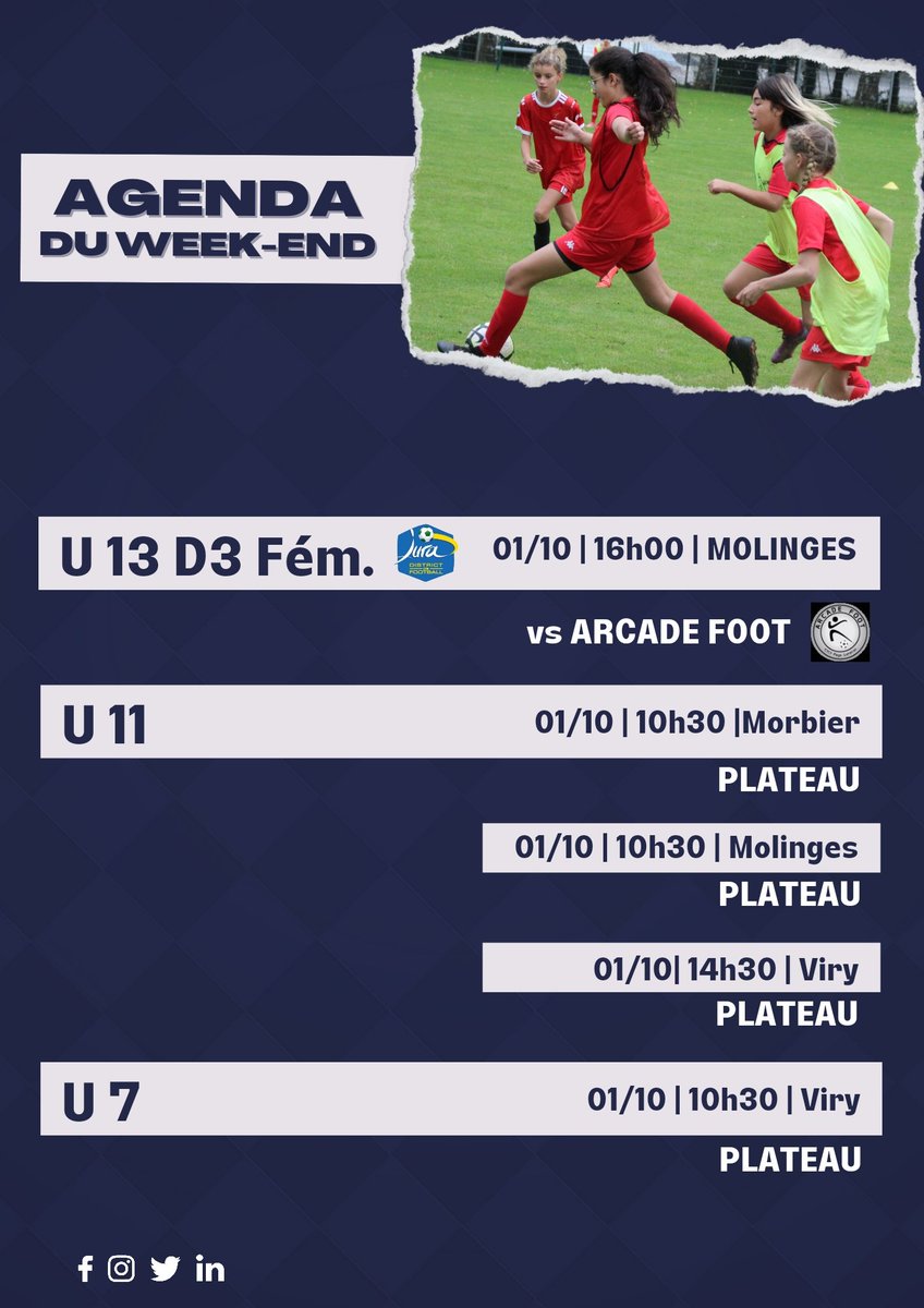 JuraSudFoot's tweet photo. [Agenda JSF] 🔵⚪️

Agenda du Week-end du 01 et 02 octobre de nos équipes jeunes et séniors.

#jsffamily https://t.co/uLsmZwuBxV