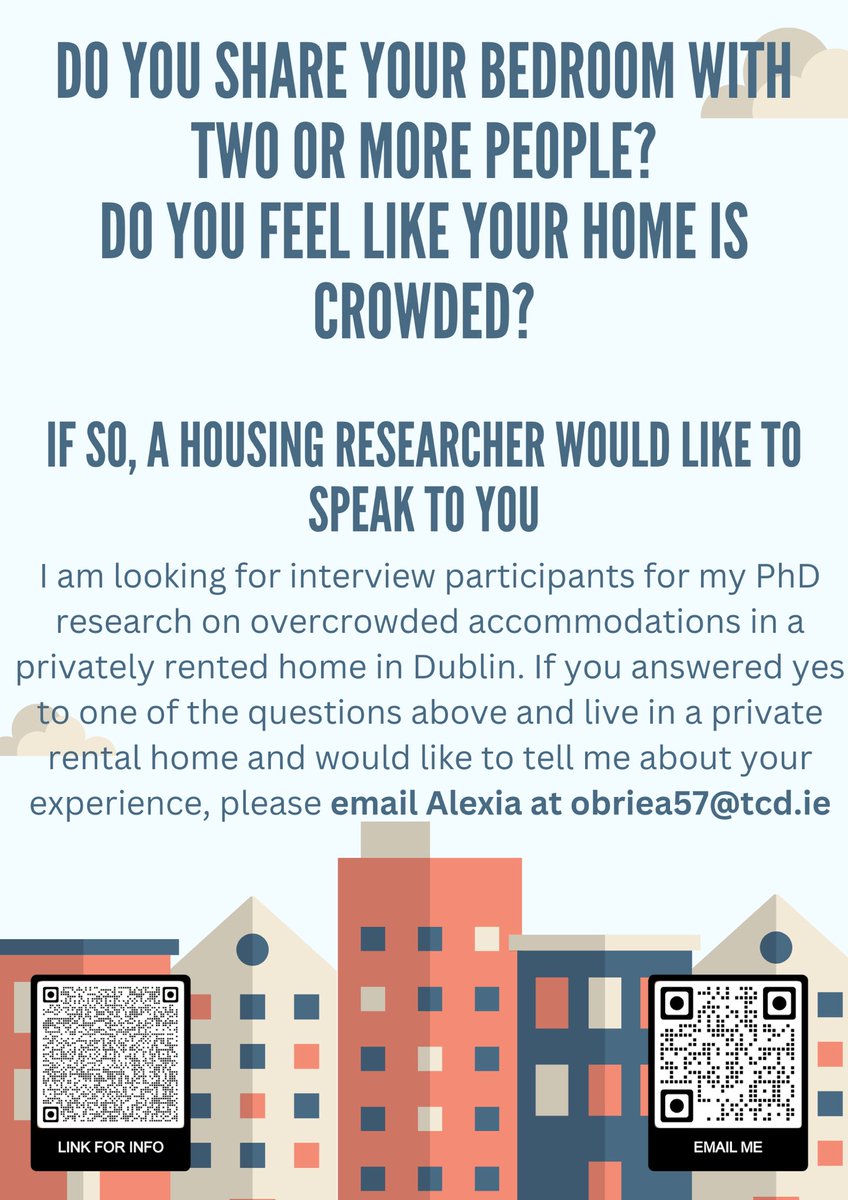 **Please share** <a href="/obrienalexia1/">Alexia O'Brien</a> of <a href="/TCD_Geography/">Trinity Geography</a> is looking to speak to renters in Dublin who may be living in overcrowded conditions. As is well known, housing choices are very constrained. Alexia’s research is looking to understand renters experiences with multiple occupancy