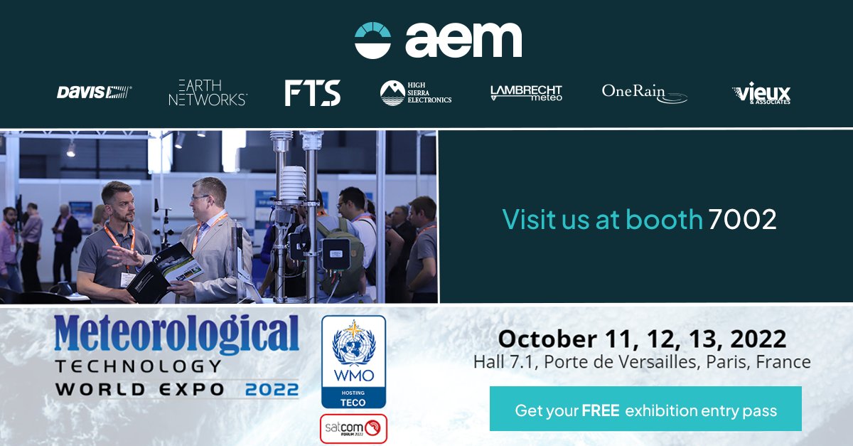 AEM will be at #MetTechExpo Paris. With solutions from all of our AEM brands in one place — <a href="/davisinst/">Davis Instruments</a>, <a href="/EarthNetworks/">Earth Networks</a>, <a href="/FTSEnviro/">FTS</a>, High Sierra Electronics, Inc., <a href="/LAMBRECHT1859/">LAMBRECHT meteo</a>, OneRain, Inc., Vieux &amp; Associates, Inc. — you won't want to miss out!  hubs.li/Q01nvkRz0