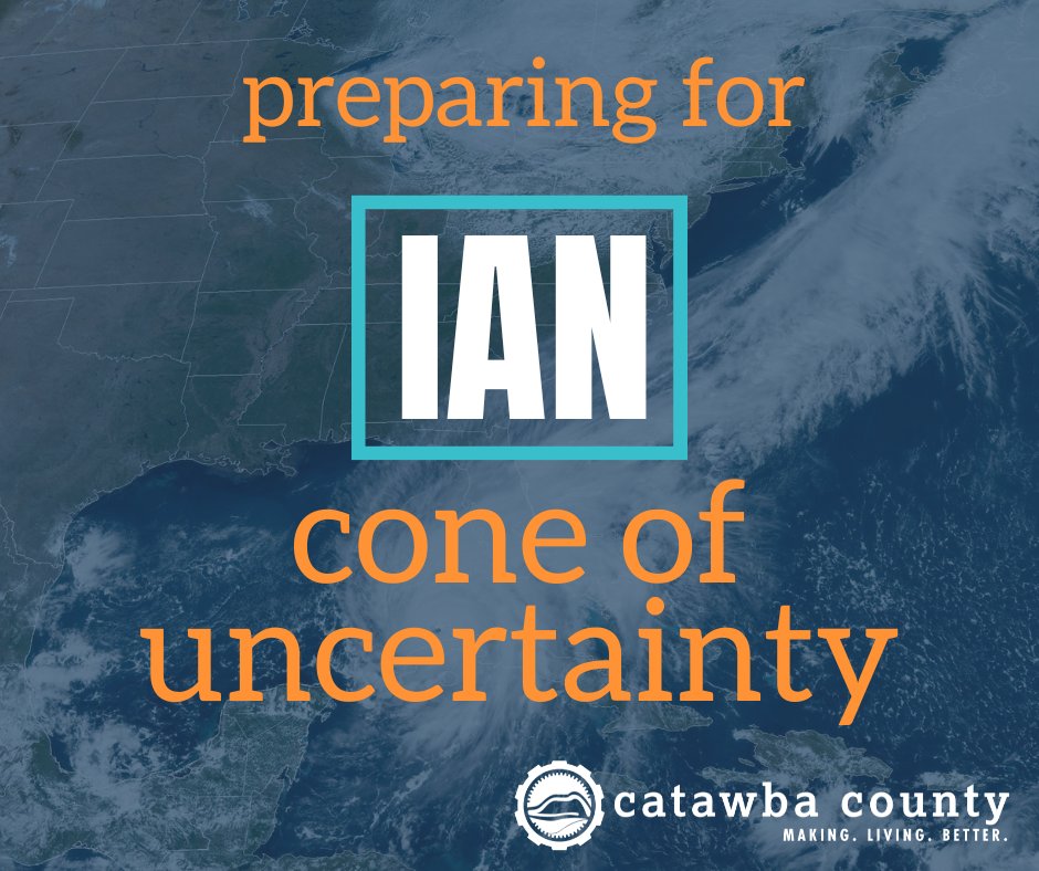 CatCoEM's tweet photo. It's important to not focus on the actual forecast track, but to prepare for impacts within and outside of the cone of uncertainty. Timing, location, and magnitude of impacts will continue to change until late Thursday or Friday morning. #ncwx #catcowx #ian https://t.co/yFyFD4yrm2