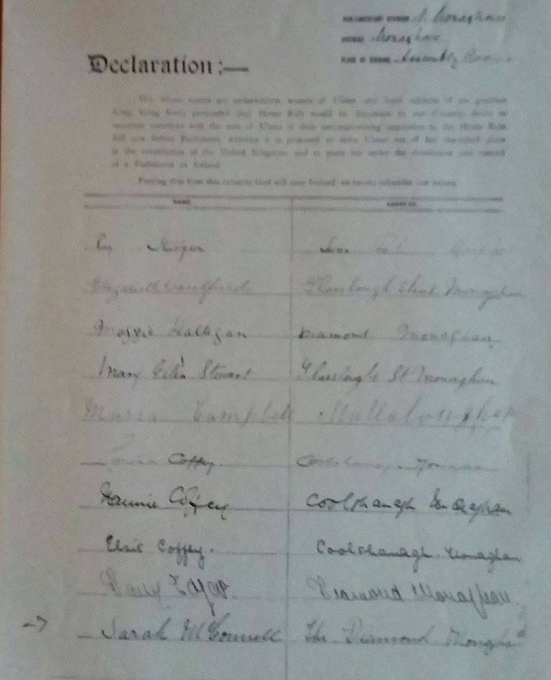 brianm564's tweet photo. Yesterday 110 years ago, September 28, 1912, many of my relatives in Co. Monaghan, Ireland signed the #UlsterCovenant & Declaration. This included my great uncles James & George Arnold in Ballybay and my great aunt Sarah McConnell in Monaghan Town whose signature is below. https://t.co/2C04H8uoEg