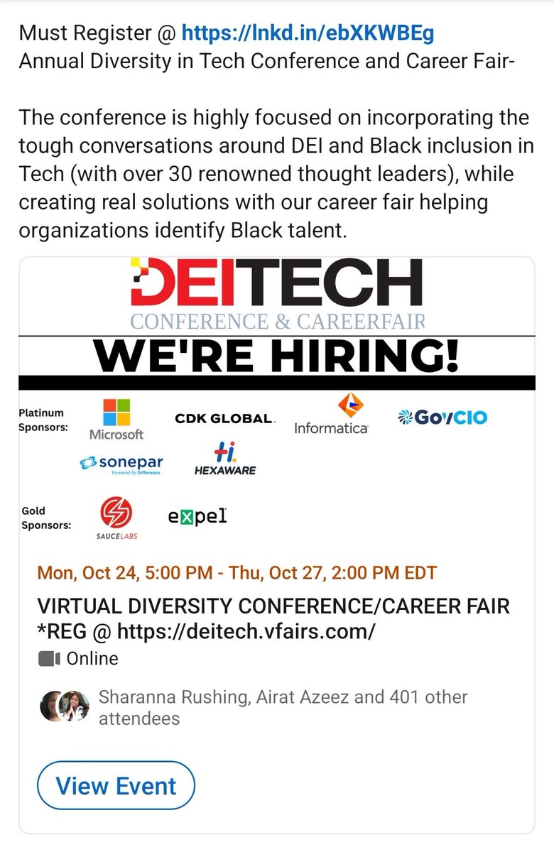 blackwomencloud's tweet photo. If you are black person currently working in the tech industry or aspire to work in tech, please register for this amazing event that will be held by DEITECH.
https://t.co/baCkzw667D

#BlackTechTwitter
#BlackTech 
#blackwomenincloud 
#blackwomenincloudcomputing https://t.co/hbOGXQ8zqh