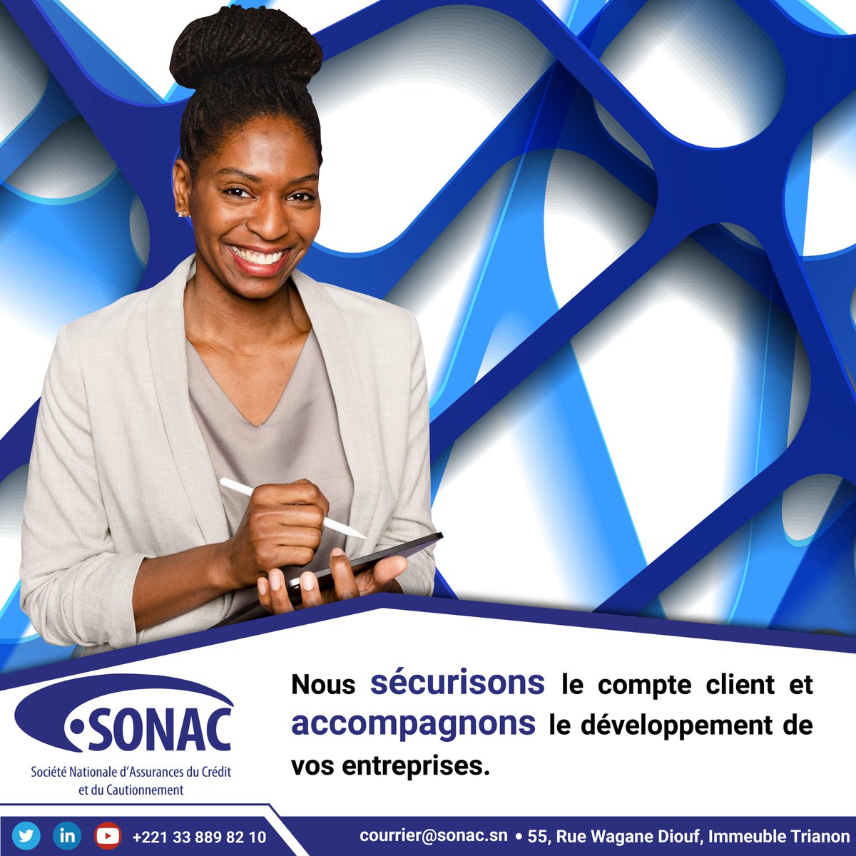 sonacsa's tweet photo. Faites confiance à la SONAC SA pour toutes vos opérations d'assurance-crédit ou de cautionnement.

Nous vous garantissons un service personnalisé avec des offres sur-mesure.

ℹ️ 33 889 82 10 / courrier@sonac.sn

#sonacsa #assurance #credit #caution #garantie #kebetu #senegal https://t.co/KUVKlPACE5