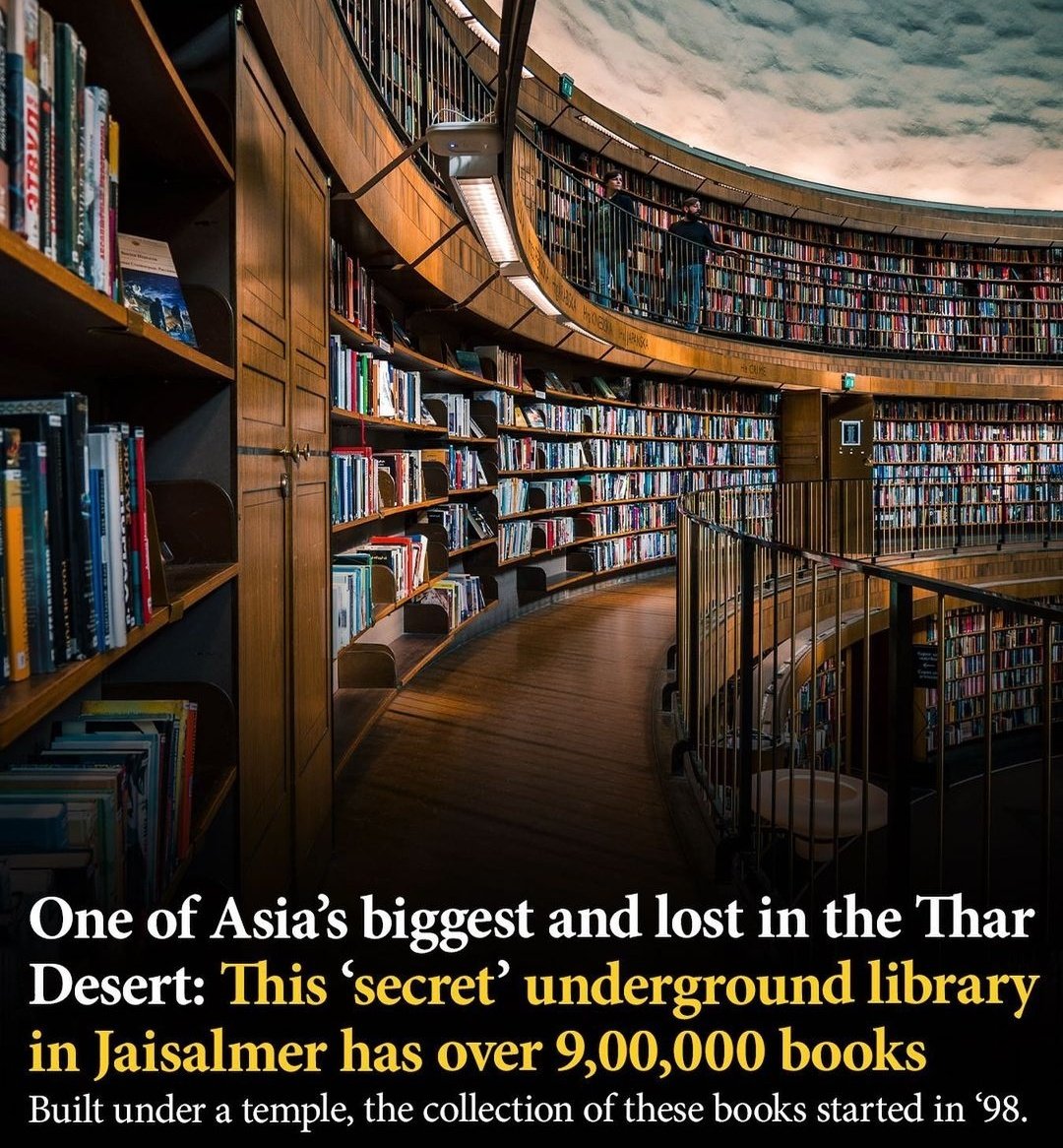 One of Asia's biggest and lost in the Thar Desert: This 'secret' underground library in Jaisalmer has over 9,00,000 books.
Built under a temple, the collection of these books started in 98.
temple.
#India #Library #Rajasthan #Jaisalmer #Desert #Books #Asia #Secret