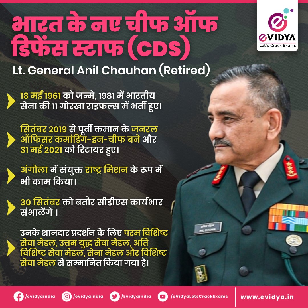 Evidyaindia's tweet photo. भारत सरकार ने लेफ्टिनेंट जनरल अनिल चौहान (सेवानिवृत्त) को अगले चीफ ऑफ डिफेंस स्टाफ (CDS) के रूप में नियुक्त किया। वे भारत सरकार में सैन्य मामलों के विभाग के सचिव के रूप में भी कार्य करेंगे ।
#eVidya #anilchauhan #chiefofdefencestaff #governmentofindia #bipinrawat #chiefdefence https://t.co/xdtJoH5I5A
