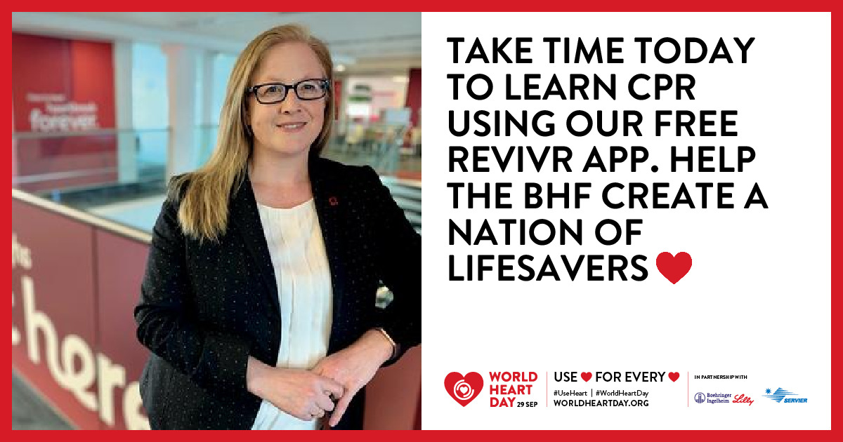 Today on #WorldHeartDay I will #UseHeart by encouraging everyone to learn lifesaving CPR skills. All you need is a phone, a cushion, and 15 minutes to learn via @TheBHF free RevivR app tinyurl.com/449sudu8