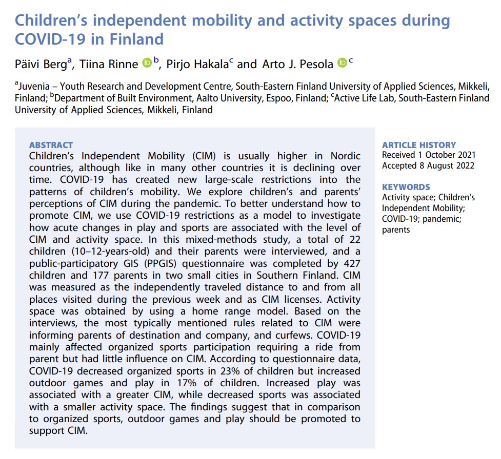 ChildrensGeogs's tweet photo. 🚨New paper🚨 by Berg et al. on children's independent mobility during Covid-19 in Finland

#independentmobility #covid 

https://t.co/M7FB1N3ybA https://t.co/eTgNgVxB46
