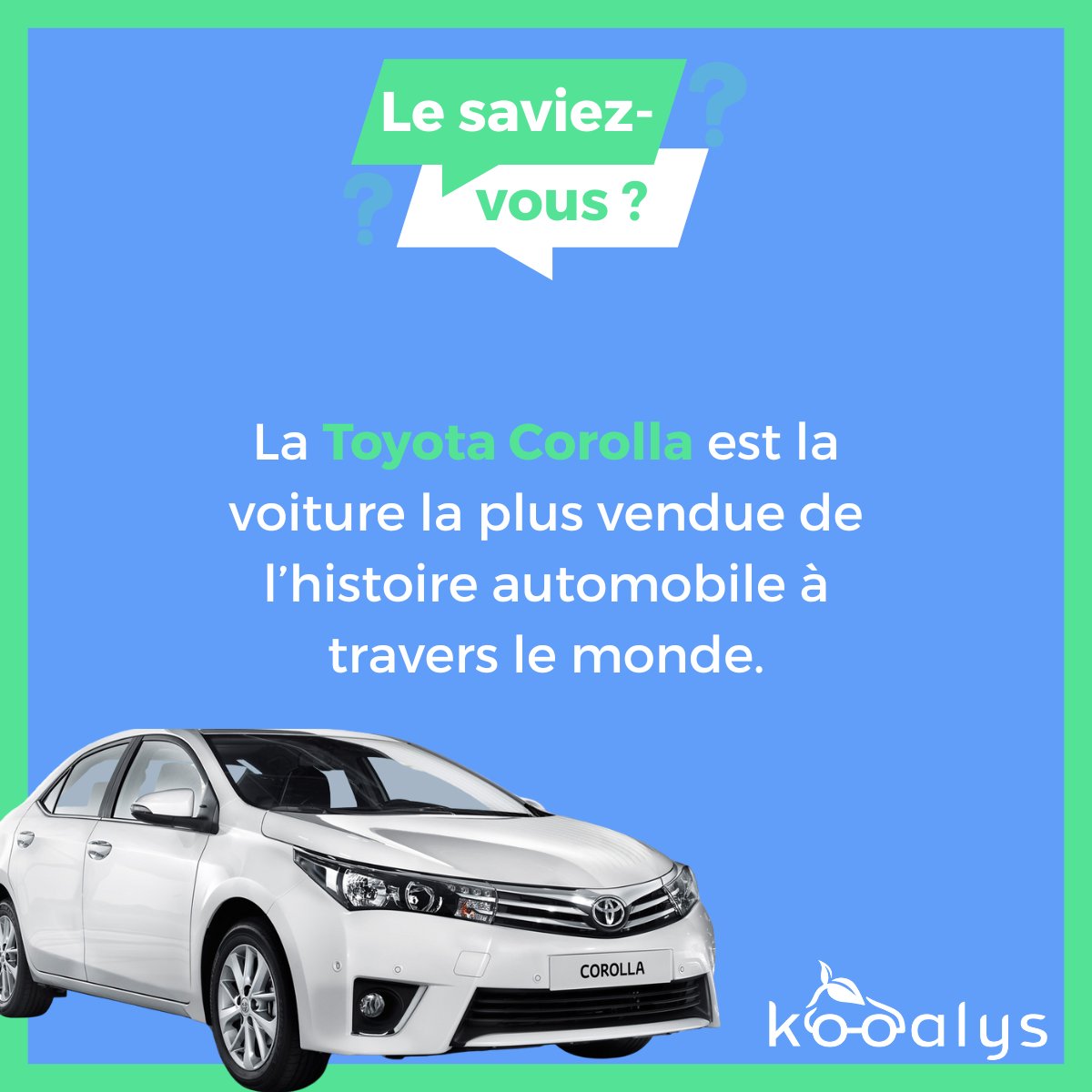 Savez-vous quelle est la #voiture la plus vendue au monde ? 🚘

Avec plus de 50 millions d’exemplaires écoulés, la Toyota Corolla est la voiture la plus vendue de l’histoire automobile à travers le monde 🌎

On vous en dit plus ⬇️
bit.ly/3dPDZ7c