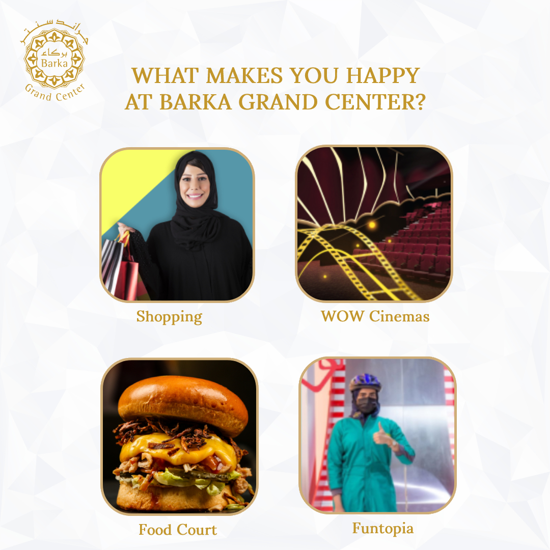 BarkaGC's tweet photo. A day full of shopping or catching the most awaited movie, what makes you happy at Barka Grand Center your? 

🕛 Mall Timings
10 am to 10 pm (weekdays)
10 am to 11 pm (weekends)
.
.
.
#Barka #BarkaGrandCenter #Oman https://t.co/lc0v8rvdTV