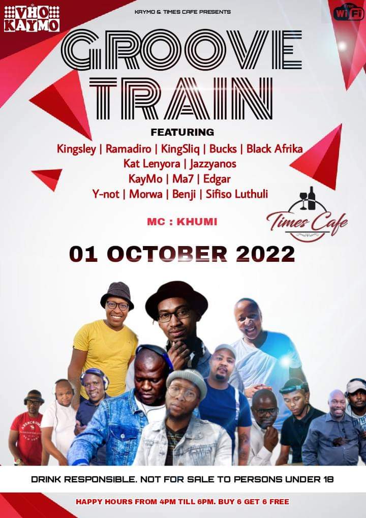 DeejayKingsley's tweet photo. Sat the 1st of Oct we're rocking at #TimesCafe (Mohlakeng) for the #GrooveTrain yet again...Come let's ride on that Groove Train🥂🔥💃🏿🍾😎🤟🏽 https://t.co/qBDluobnfh