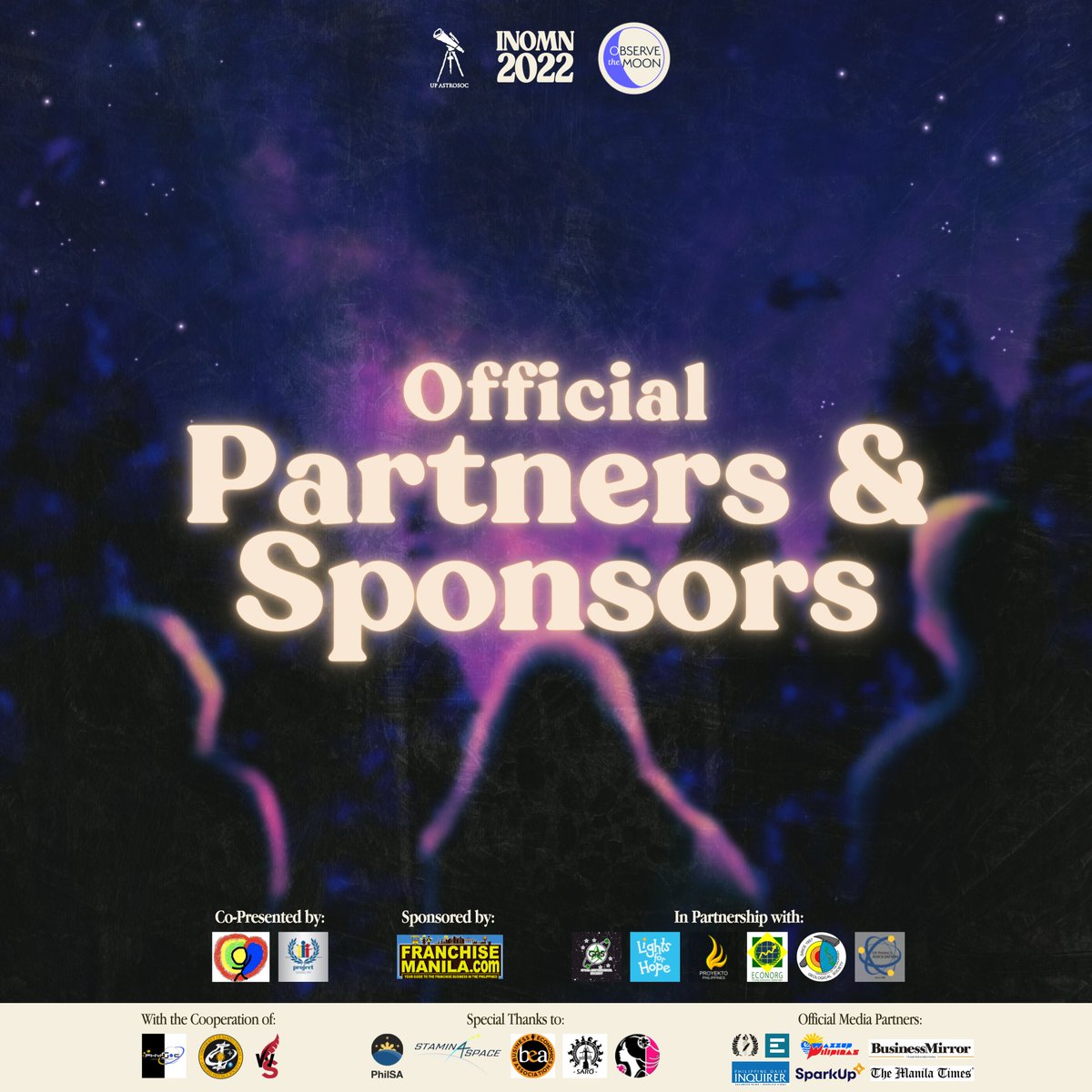 upastrosoc's tweet photo. Only 2 days away from InOMN 2022!🌕

With this, we would like to acknowledge and express our gratitude to the partners that made this year’s InOMN celebration possible.

#InOMN2022
#ObserveTheMoon
#ReminiscingTheFuture
 
Caption written by: Erin Dizon
Pub made by: Aira Fernando https://t.co/cxedgeXQbv
