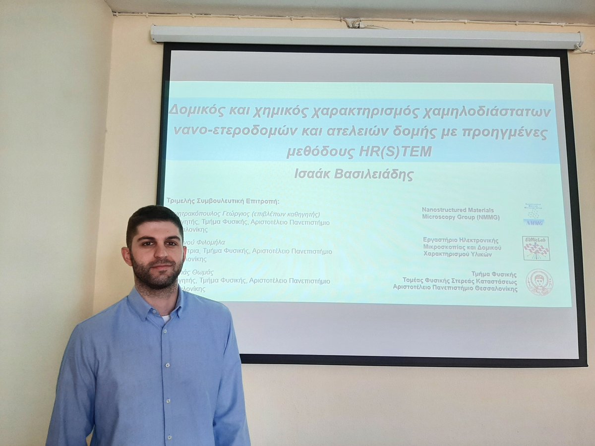 GDimitrakopulos's tweet photo. Congratulations to my student Isaak Vasileiadis @isvasile for successfully defending his PhD thesis on "Structural and Chemical Characterization of Low-Dimensional Nano-Heterostructures and Defects by Advanced HR(S)TEM Methods". Well done Isaak!! 👏#electronmicroscopy #nanoscopy https://t.co/aopDsPzKdY