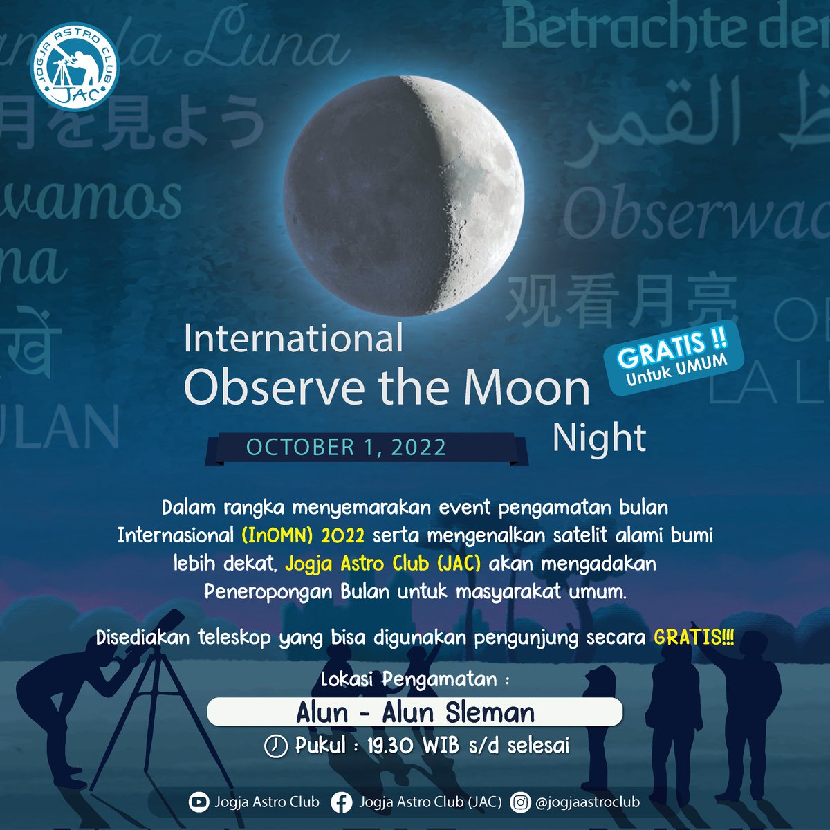 JogjaAstroClub's tweet photo. Halooo, Sahabat JAC! 
Kita balik lagi dengan kegiatan super seru yang bisa menemani malam minggu kalian lhooo. International Observe The Moon Night (InOMN) adalah sebuah event pengamatan bulan internasional yang terbuka untuk umum. Jangan lupa catat tanggal dan lokasinya ya! https://t.co/HExRHakBgF