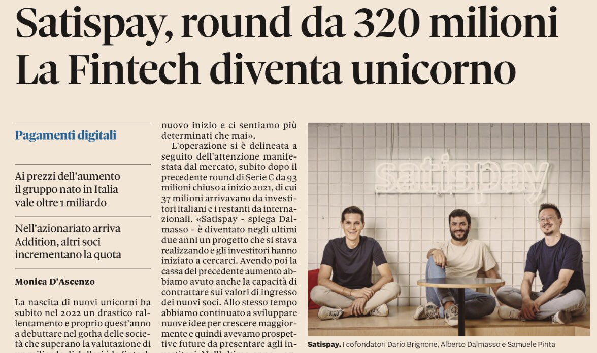 .<a href="/satispay/">Satispay</a> la #fintech diventa #unicorno via <a href="/sole24ore/">IlSole24ORE</a> <a href="/Nova24Tec/">Nova24</a>