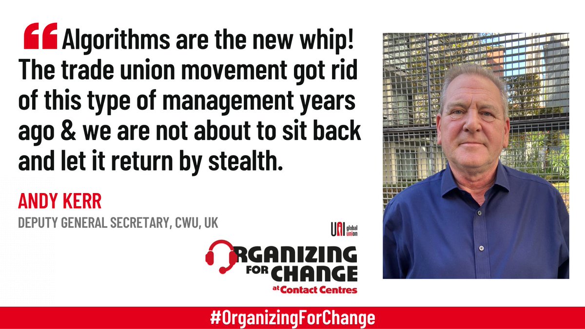 uniglobalunion's tweet photo. Excessive monitoring through algorithms and artificial intelligence are acting as a #DigitalWhip on workers, says UNI ICTS President @CWU_AndyKerr, particularly in the #contactcentre industry.
#OrganizingForChange
#RemoteWork https://t.co/HzYDStQcJk