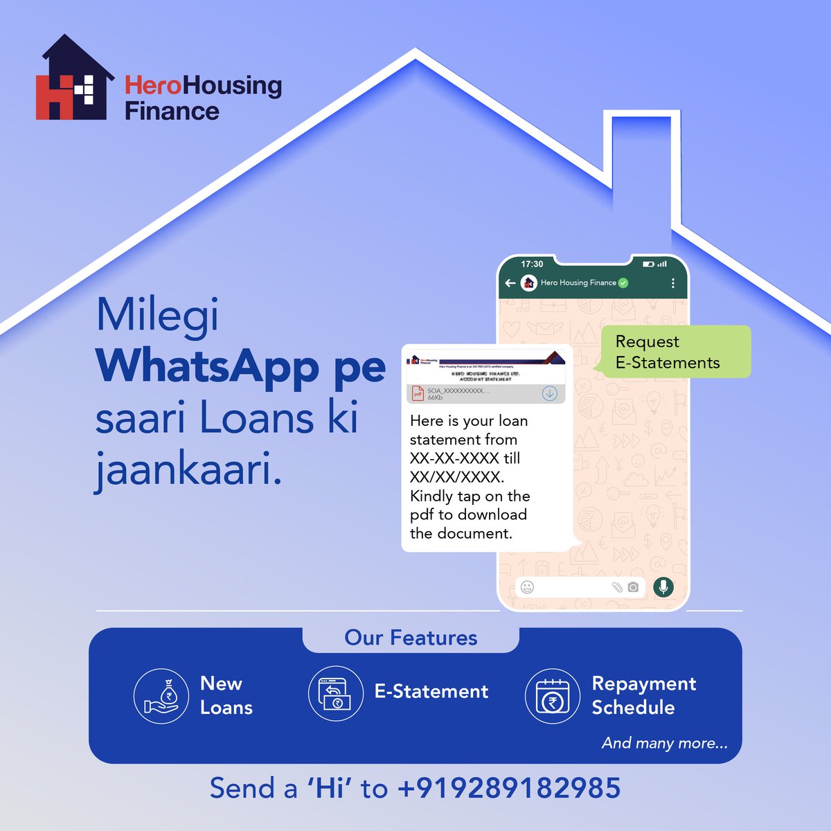 HeroHFL's tweet photo. Get all your Loan related queries answered on WhatsApp. Send a "Hi" to +919289182985 and access your e-Statement, repayment Schedule and much more.
#HeroHousingFinance #Hero #LoansOnWhatsApp #HomeLoan #HeroHomeLoan #PropertyLoans #WhatsAppRealEstate #LoanTracking #LoanQueries https://t.co/pW6AwGaw23