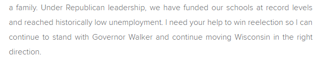 haydenforwi's tweet photo. Anyone following my race knows my opponent is putting in little to no effort because of the way our maps are drawn.  To see how disinterested he is take a look at his website which hasn't been updated in years.  He talks about running for his 4th term and supporting Gov Walker. https://t.co/harB50uy4A
