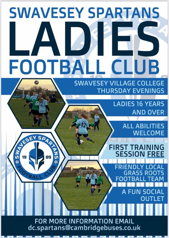 Come and join our great team ⚽️💙 We have a fantastic squad strength and conditioning session on Tuesday evenings and train on Thursday evenings. We play in Div 2 of Cambs Women’s and Girls FA League. Please drop us a message if you are interested 🙌