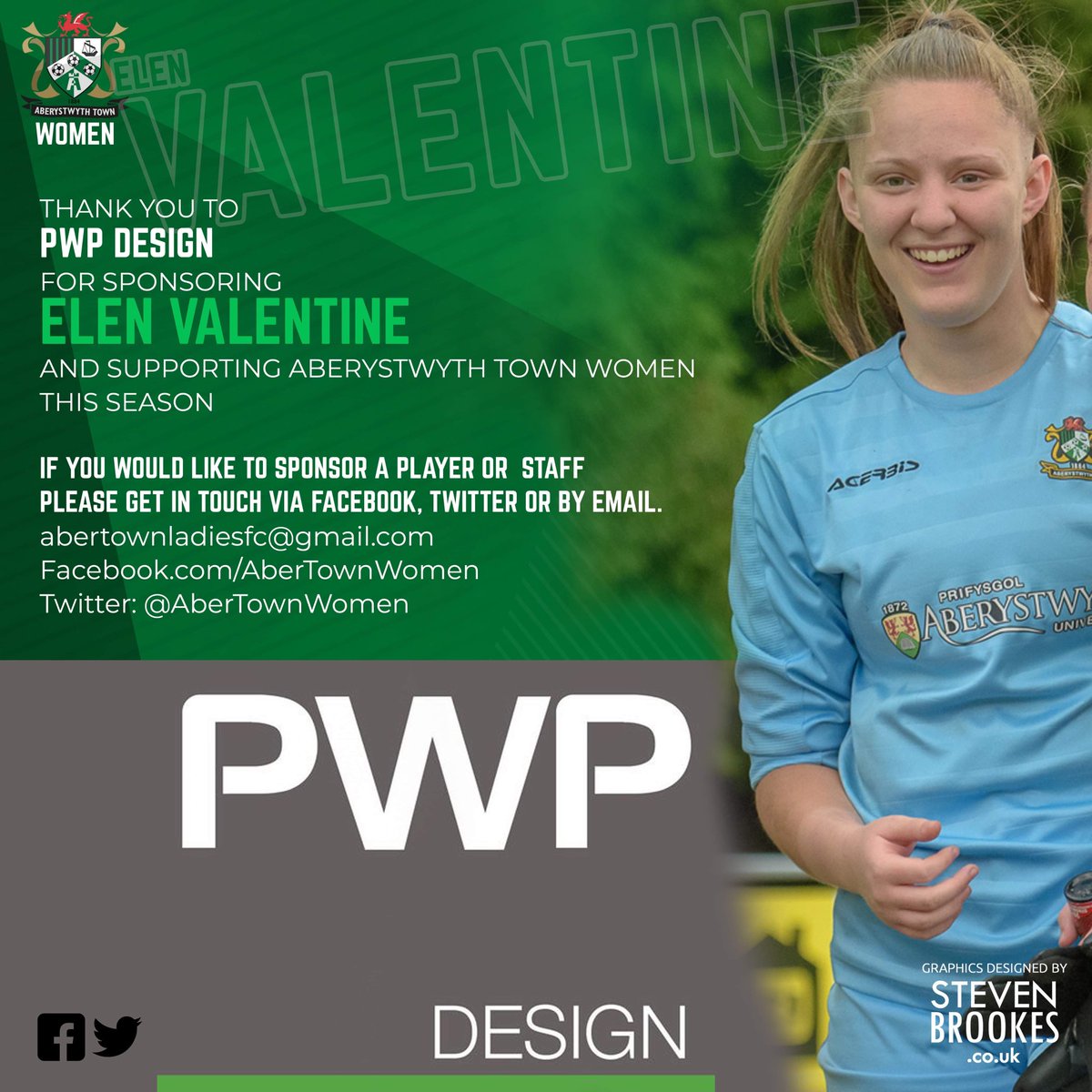 AberTownWomen's tweet photo. 💚 PLAYER SPONSORSHIP 💚

A huge thank you to @pwpdesignuk for kindly sponsoring Elen Valentine for the upcoming season 👏

We still have players who need a sponsor. Interested? Private message us for more information.

#AberAsOne #SupportTheSeasiders https://t.co/RHZqxd2JDg