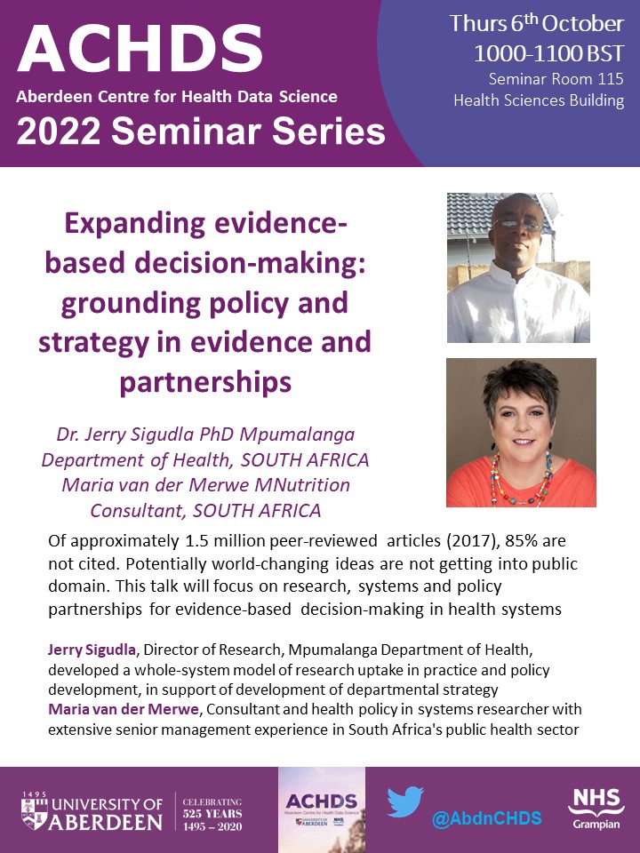 AbdnCHDS's tweet photo. 📢🌟We are very excited to be hosting a hybrid event with Dr Sigudla and Maria van der Merwe both from South Africa talking at our ACHDS seminar series next Thursday 6th October 10am in room HSB115 or email achds@abdn.ac.uk for link. Hope to see you there! 👏👏 https://t.co/IDHzsQJPHB