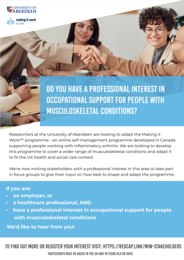If you are an employer/healthcare professional, we’d like to hear from you! We’re looking for focus group participants to help develop a programme to support people working with musculoskeletal conditions. Find out more/register interest here: 
redcap.link/miw-stakeholde…