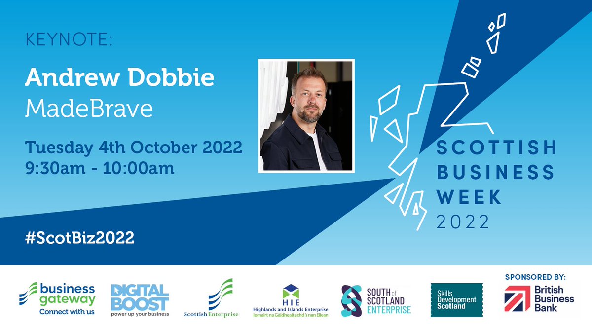 #ScotBiz2022 Speaker Highlight!

Join us on Tuesday 4 October at 9:30am to hear from <a href="/dobbieandrew/">Andrew Dobbie</a>, Founder/CEO of <a href="/MadeBrave/">MadeBrave</a> - a global strategic brand agency. Hear all about Andrew's journey to date &amp; get key advice on how to build a successful brand ➡️ ow.ly/gkoK50KWNYL