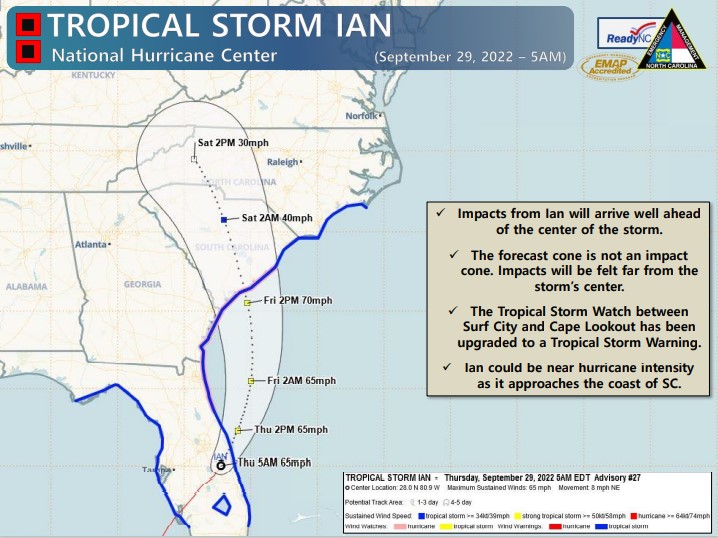 Thursday #ncwx update:
• Ian is now a tropical storm and is forecast to move off the east coast of Florida later today, curving northward and then eventually north-northwestward towards the coast of South Carolina tomorrow.