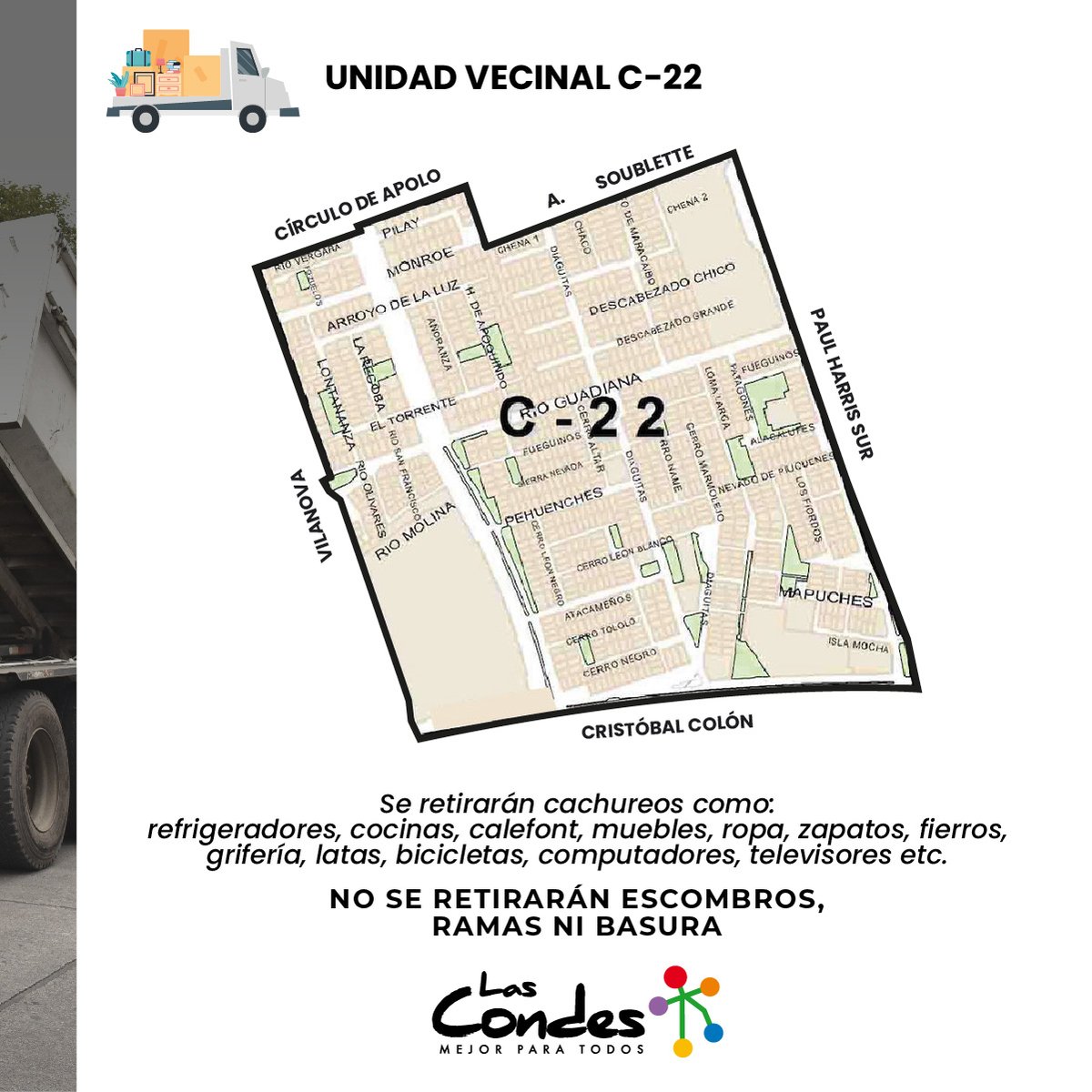 👀 ¡Atención vecinos de la UV C-22! Este sábado 1/10, entre 8 y 16 horas, recogeremos lo que ya no ocupen en su hogar. 🚛🚍 

¡RECUERDEN DEJAR LAS COSAS FUERA DEL DOMICILIO ANTES DEL MEDIODÍA! ⏰

Más info 👉 bit.ly/325Ecbw 

#LasCondesTeCuida #LasCondesVerde

<a href="/LC_aseo/">Dirección de Aseo</a>