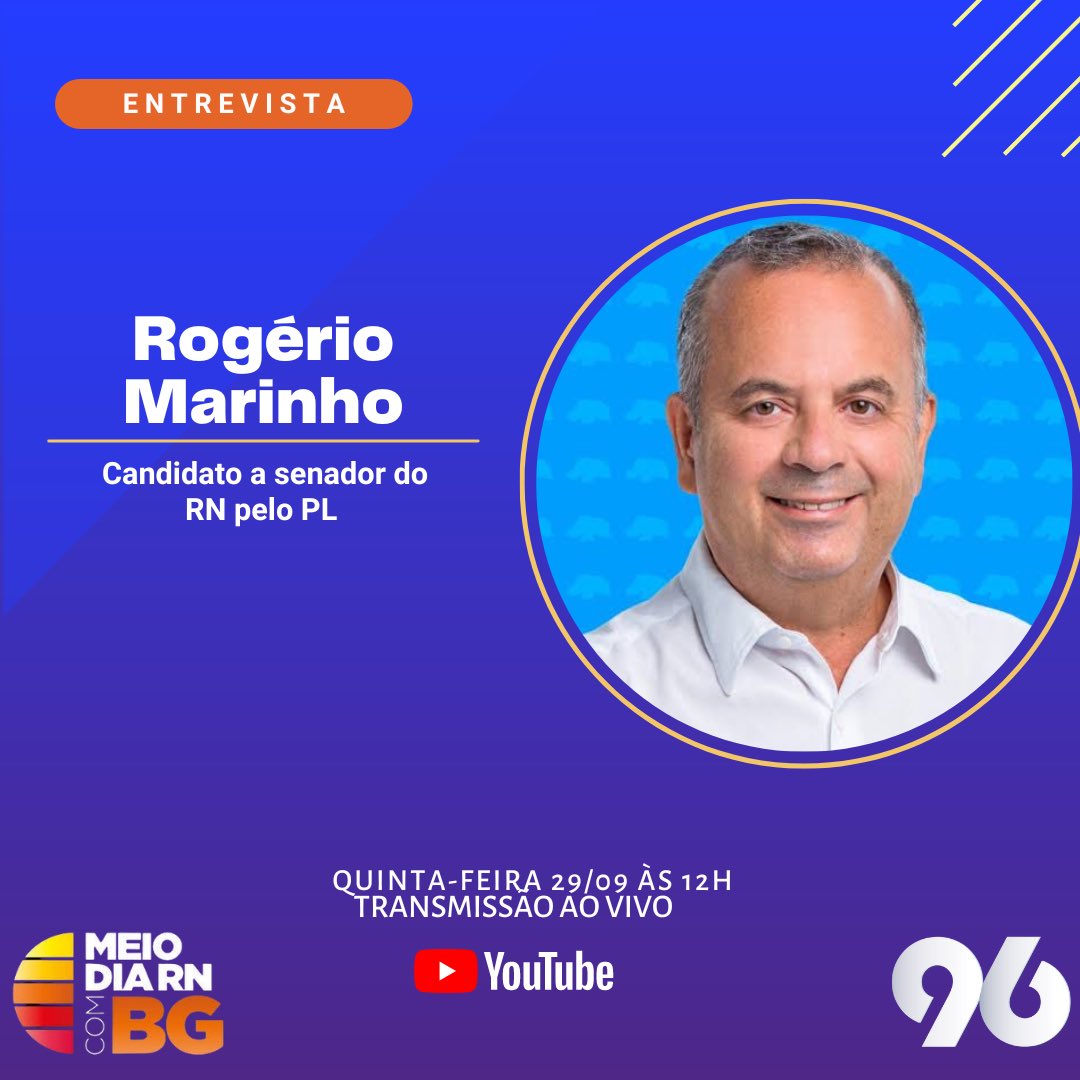 O entrevistado de hoje, será Rogério Marinho, candidato a Senador pelo PL. 

▶️ Participe do programa através do WhatsApp do Meio-Dia RN: +55 84 99212-2276. 

Acompanhe o Meio-Dia RN no canal da 96 FM no YouTube ▶️ youtube.com/96fmnatal