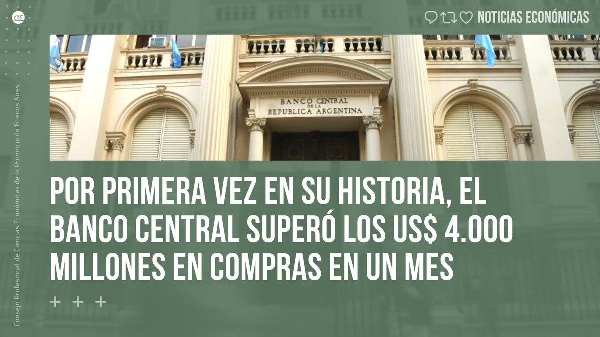 cpcebuenosaires's tweet photo. #NoticiasEconómicas La autoridad monetaria cerró su participación en el mercado cambiario con compras netas por US$ 300 millones y acumula más de US$ 4.200 millones.
https://t.co/FyJYvvwOv7
#cpba #consejoprofesional #cpcebuenosaires #cienciaseconomicas #cpce #cpcepba https://t.co/ypmyXnfvz2