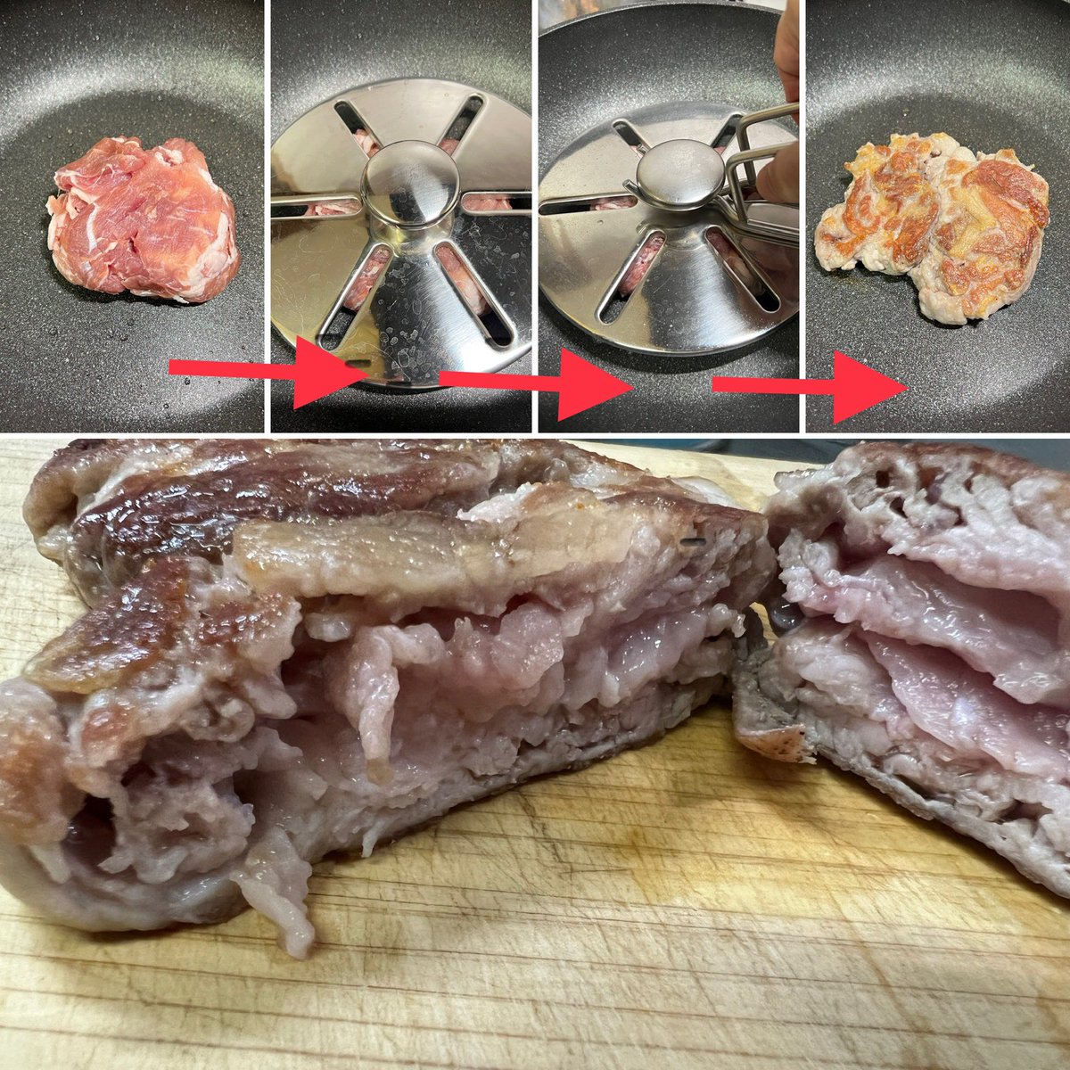 適当に重ねた肉にミートプレスを置いて焼いただけ。 重なり具合と脂の抜け方が、普通に焼いただけの肉よりずっと美味しくなりました。