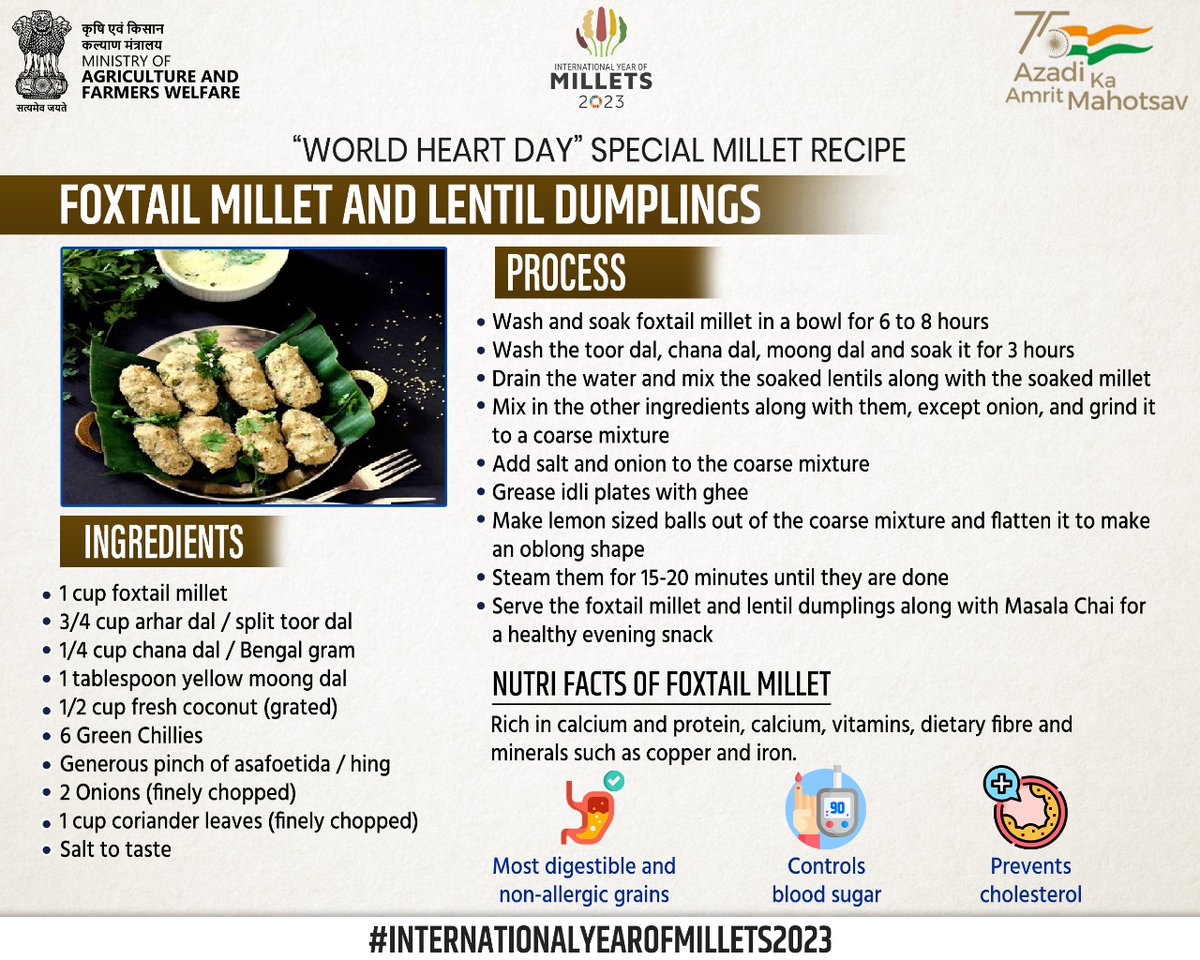 #FoxtailMillet has Vit B1 which helps to regulate blood pressure and reduces risks of heart blockage. This #WorldHeartDay let's try out ‘Foxtail Millet &amp; Lentil Dumpling’, a recipe good for both your heart and soul #milletsrecipe #healthyrecipe #IYOM2023