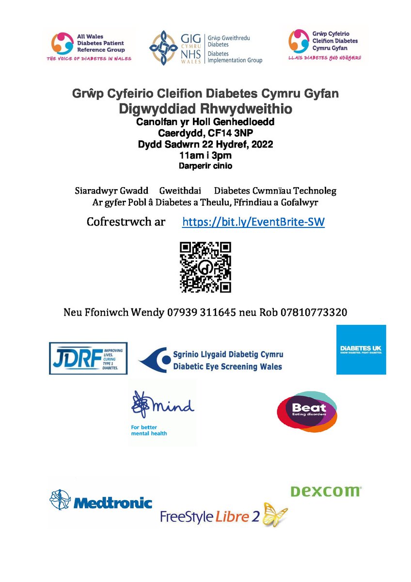 Join the All Wales Diabetes Patient Reference Group on Saturday the 22nd of October in Cardiff for information on diabetes, support and the chance to network and listen to key healthcare professionals.

Register here for free orlo.uk/gPzQi
