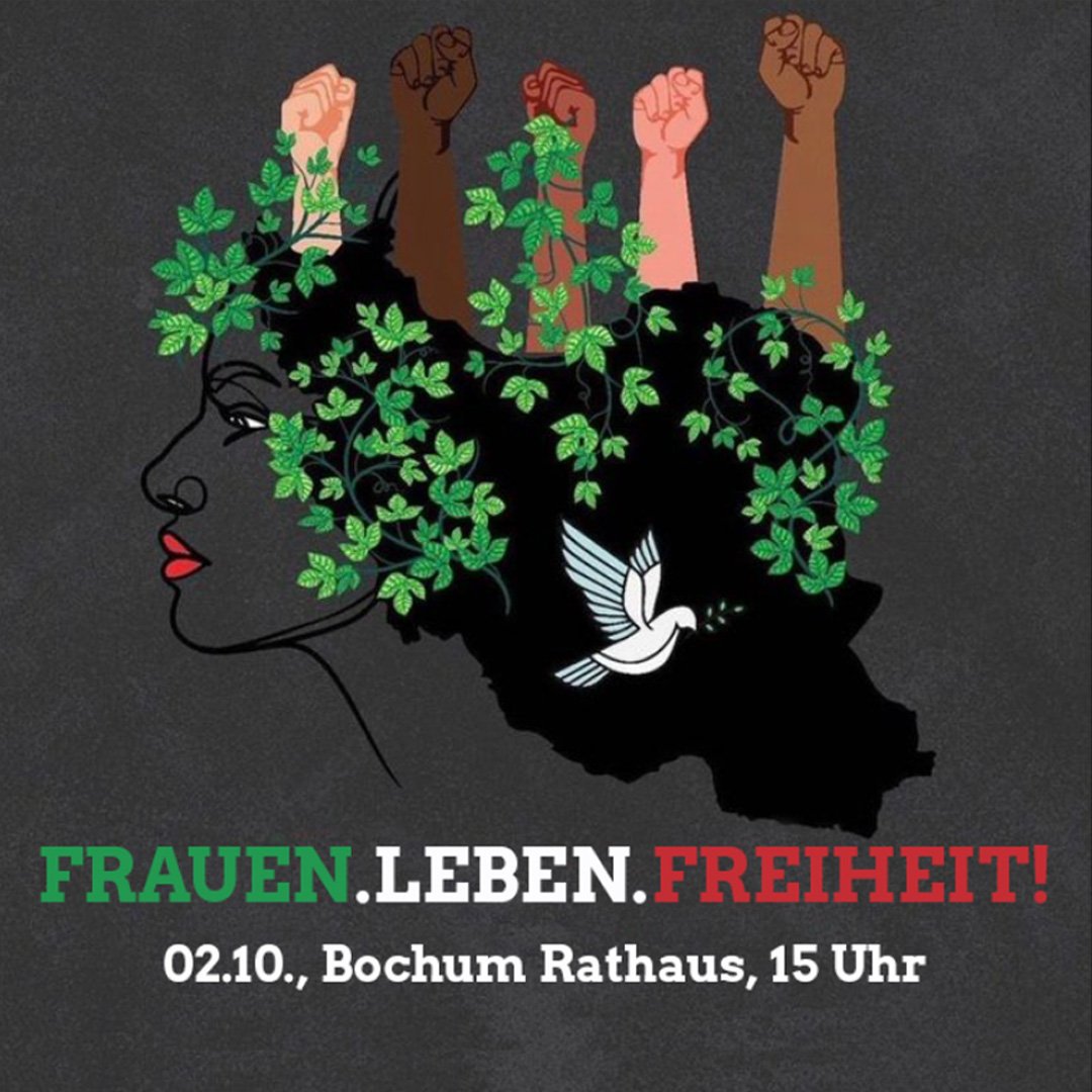 Die 22-jährige Kurdin #ZhinaAmini wurde von der iranischen “Sittenpolizei” wegen eines “falsch” getragenen Kopftuches brutalst in Polizeigewahrsam genommen und starb zwei Tage später im Krankenhaus. Am Sonntag um 15 Uhr zeigen wir unsere #Solidarität am #Bochumer Rathaus.