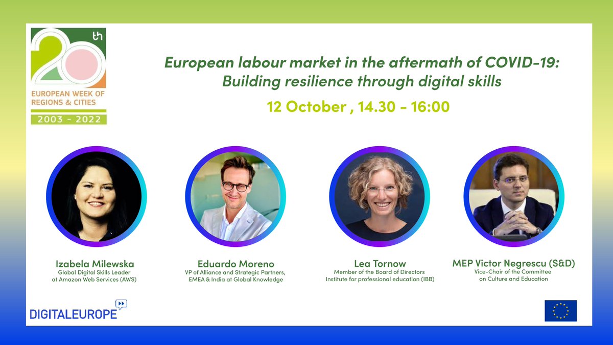 DIGITALEUROPE's tweet photo. 📢 Last call to register for our workshop during #EuropeanRegionsWeek ➡️ https://t.co/I5ZxHc5rie 📢 

Join us and MEP @negrescuvictor in a discussion on how #digitalskills can help the European labour market after COVID-19!

🗓️Wednesday, 12 October
🕟14:30-16:00 CET https://t.co/atFKwYYjoi