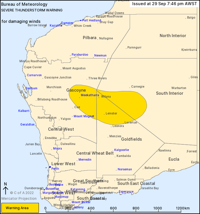 Weather Situation: An upper level low pressure system is bringing active thunderstorms with gusty winds across inland WA.
Wiluna Airport recorded a 106km/hr gust at 7:19pm