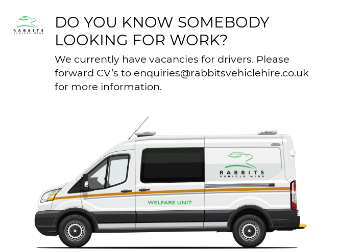 RabbitsHire's tweet photo. Do you know somebody looking for work? We currently have vacancies for drivers. Please forward CV's to enquiries@rabbitsvehiclehire.co.uk for more information. https://t.co/rGr90ps0xs