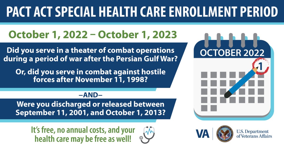 Attention Post-9/11 Veterans: The PACT Act open enrollment period for VA health care starts October 1, 2022. Learn more about your eligibility and sign up for VA health care. VA.gov/PACT