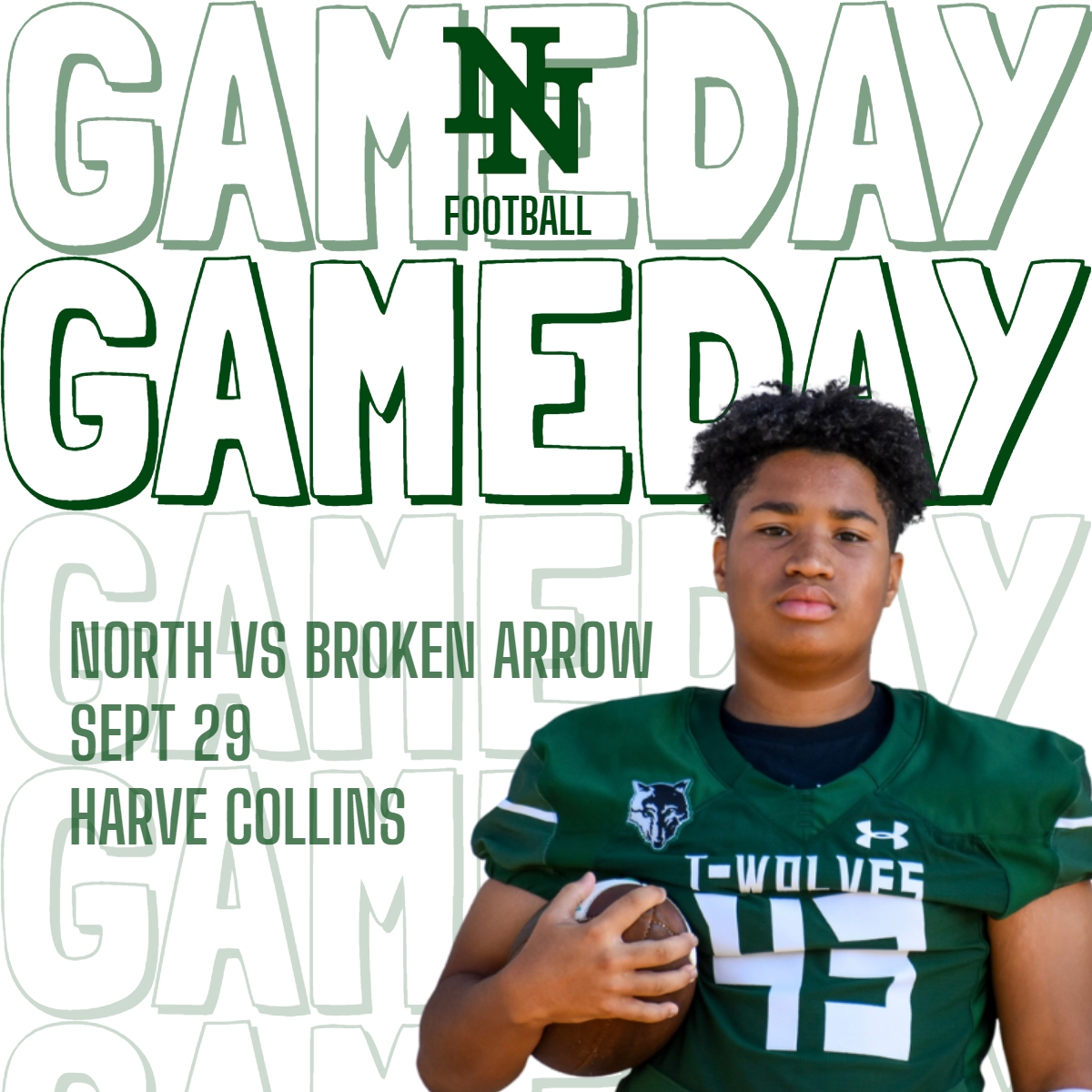 Game Day!! 🐺 🏈 It's the T-Wolves and Tigers as Broken Arrow comes to Norman. 

#AmatVictoriaCuram | #GoNorth 

📅 Thurs, Sept 29
🕖 7:00 p.m. 
📍 Harve Collins 
📺 KREFSports.tv
💗 Theme: Pink Out
