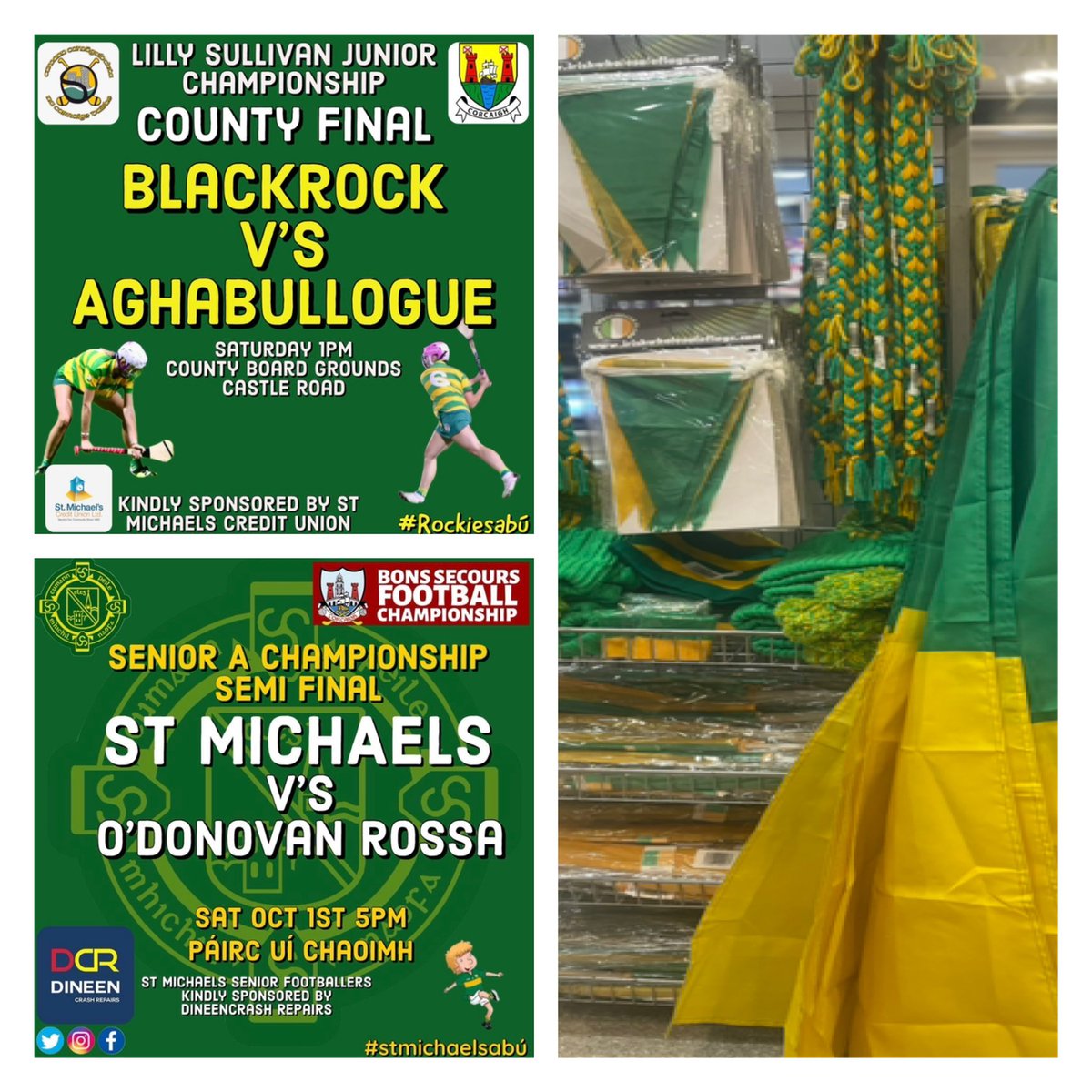 ScallyBlackrock's tweet image. HATS , FLAGS &amp;amp; HEADBANDS  

A huge weekend of Football &amp;amp; Camogie and we have all the colours required for the matches 
@StMichaelsCork  play in the Senior A county semi final at 5pm Sat in The Pairc 

But earlier @RockiesCamogie have  their Junior County Final
    💚💛💚💛💚💛💚