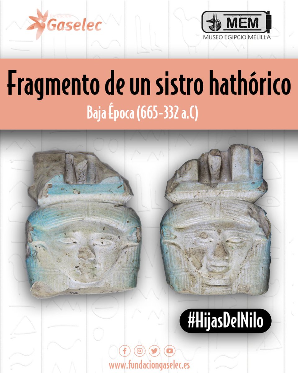 FundacioGaselec's tweet photo. Este fragmento de un #sistro con la imagen de la diosa #Hathor con orejas de vaca, peluca tripartita y collar usej. Se distingue el arranque del tocado en forma de pequeño santuario con la serpiente uraeus en su interior.
#HijasDelNilo https://t.co/oOGkHDZCQU