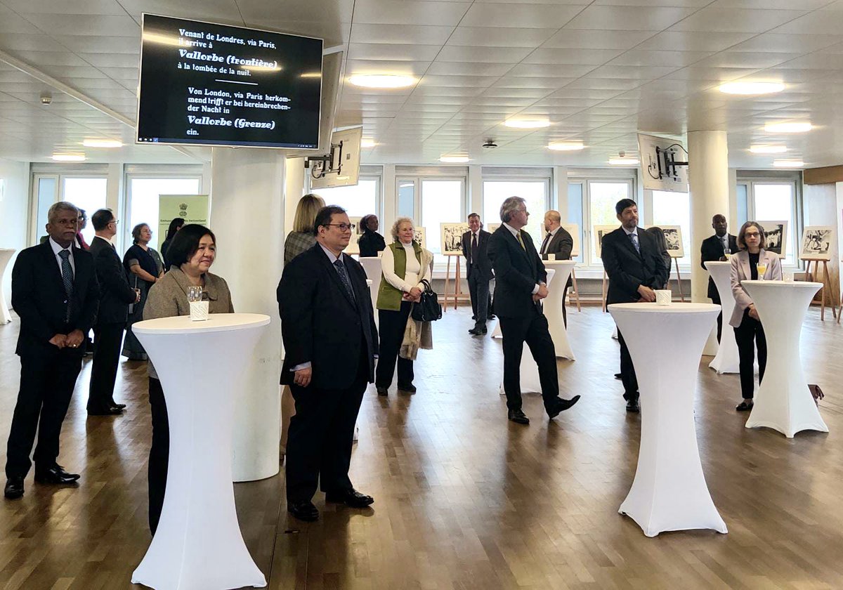 AmbSanjay_'s tweet photo. #MahatmaGandhiat153
#IndiaintheAlps

Delighted to host #Gandhi@150 exhibition of rare photos by Kulwant Roy curated by @aditya_museo @UPU_UN Bern

Gandhis life &amp; message drew @UN officials, diplomats &amp; Indian diaspora to the exhibition &amp; screening of @Ahimsa https://t.co/hkrQcqirQH