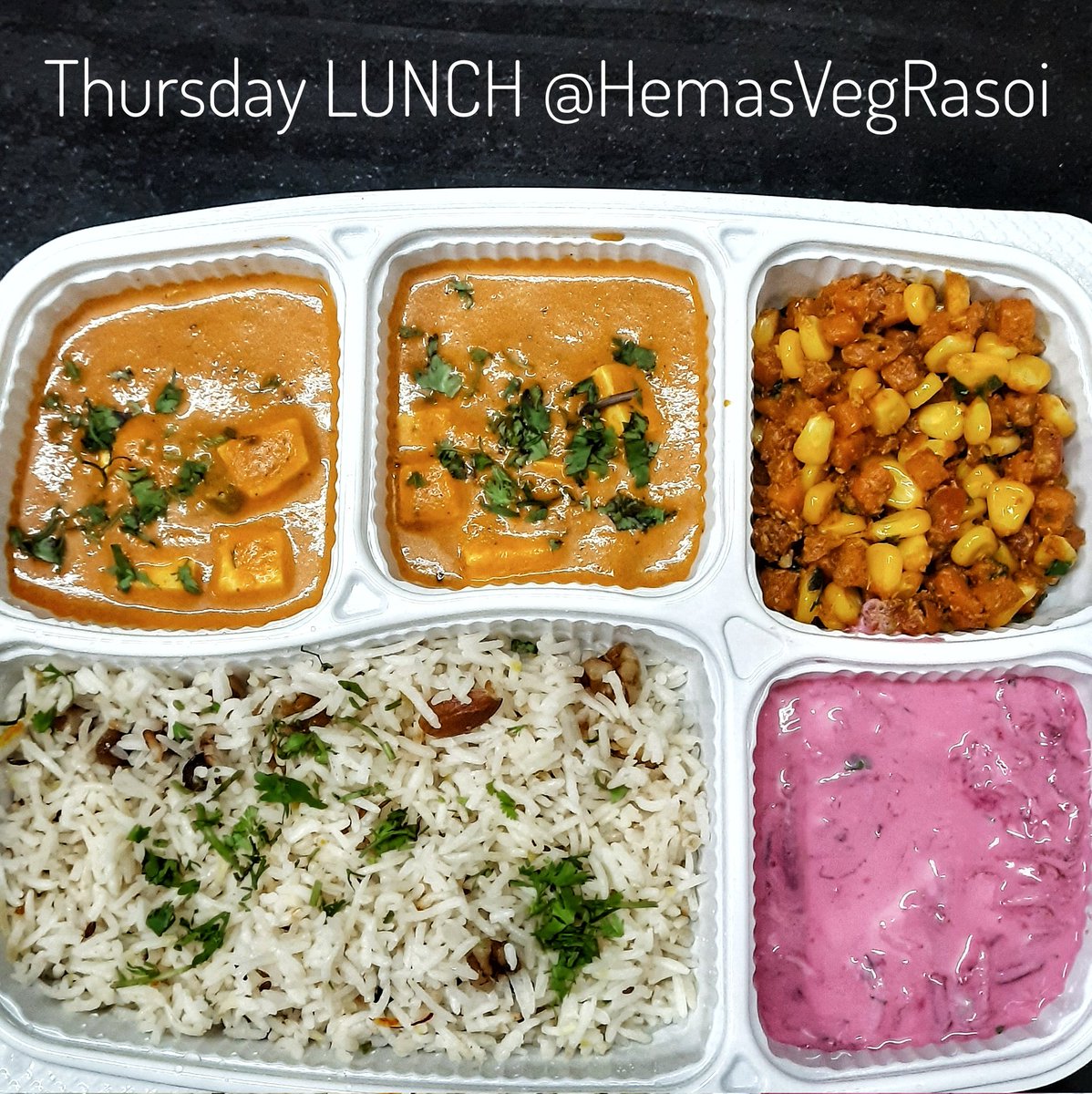 HemasVegRasoi's tweet photo. Thursday LUNCH: #dryfruitpulav #corncarrot #mutterpaneer
#beetrootraita #paratha
Pls call 8976764660 for #homemade #lunch #snacks.
#hemasvegrasoi accepts evening snacks order for compact corporate office (20/30staff).
#homechef #mumbai #matunga #pureveg
https://t.co/wxYQl43lOg https://t.co/U6DvXEQMiN
